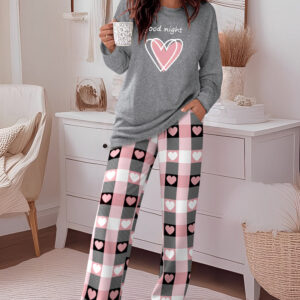 2 Pieces Outfit Good Night Slogan Print Long Sleeve Top and Plaid Print Elastic Waist Pants Set Casual Heart Print Pajamas Set