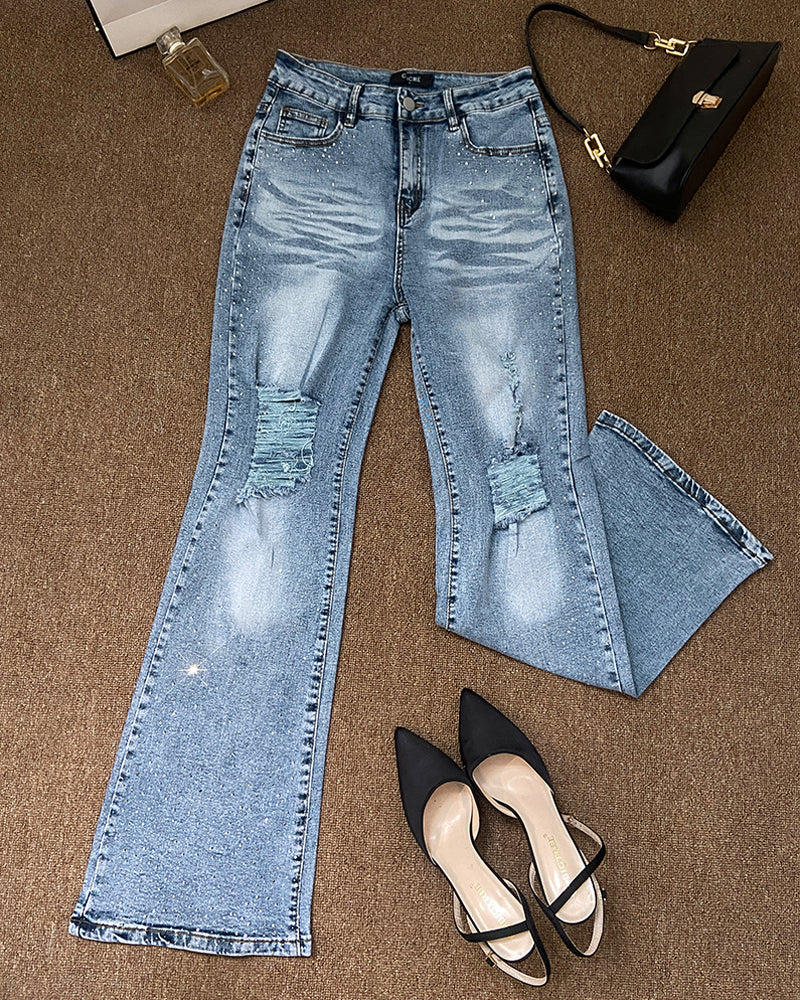 Women's Rhinestone Flare Jeans High Waisted Distressed Ripped Jeans Y2K Retro Streetwear Denim Pants - Image 7