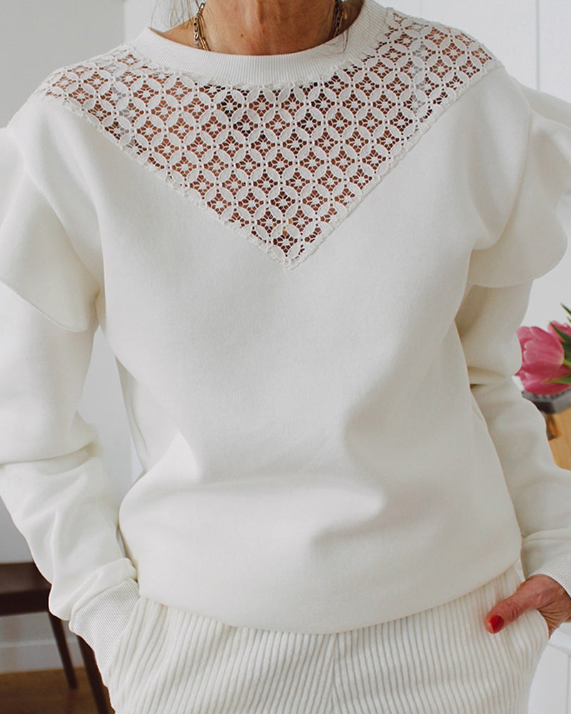 Contrast Lace Hollow-out Ruffles Long Sleeve Sweatshirt Casual Loose Fit Top - Image 5