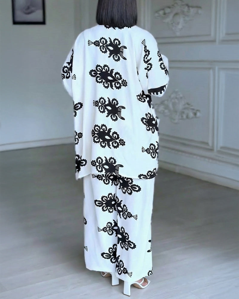 2 Pieces Outfit Open Front Long Sleeve Coat and Drawstring Elastic Waist Wide Leg Pants Set Casual Vintage Baroque Print Loose Fit Set without Tank Top - Image 2