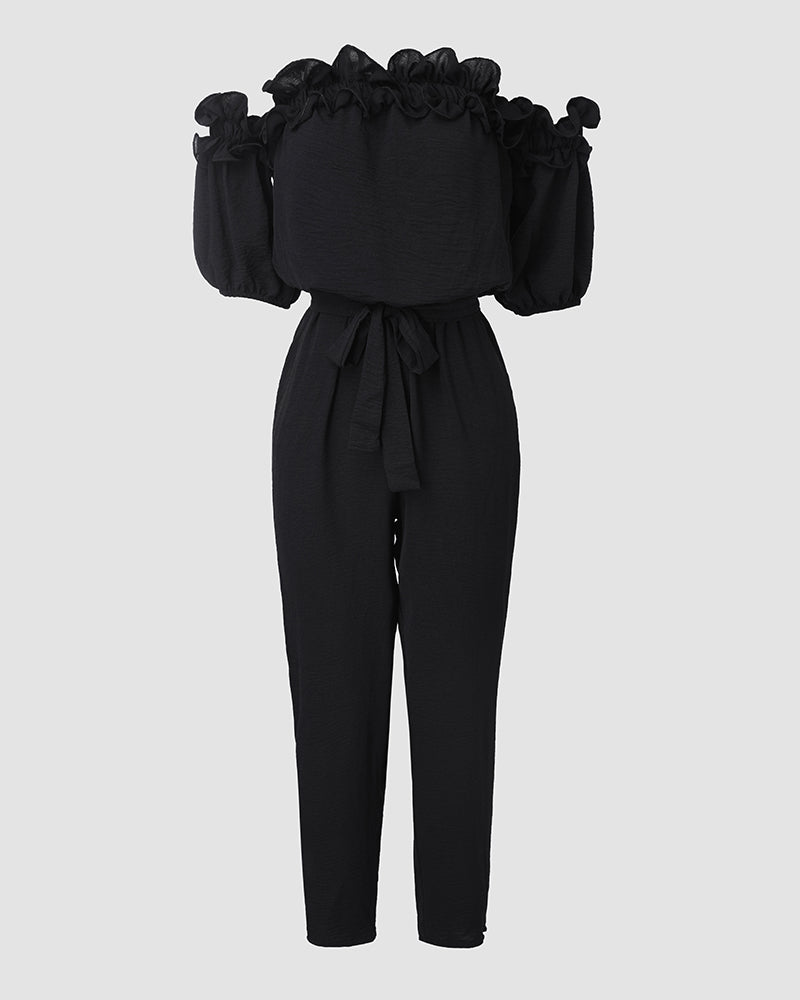 Frill Trim Off Shoulder Short Sleeve Tie Waist Overalls Casual Textured Jumpsuit - Image 8