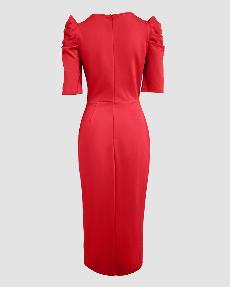 3D Flower Decor Round Neck Puff Sleeve Bodycon Dress Casual Ruched Slit Zipper Back Work Dress - Image 13