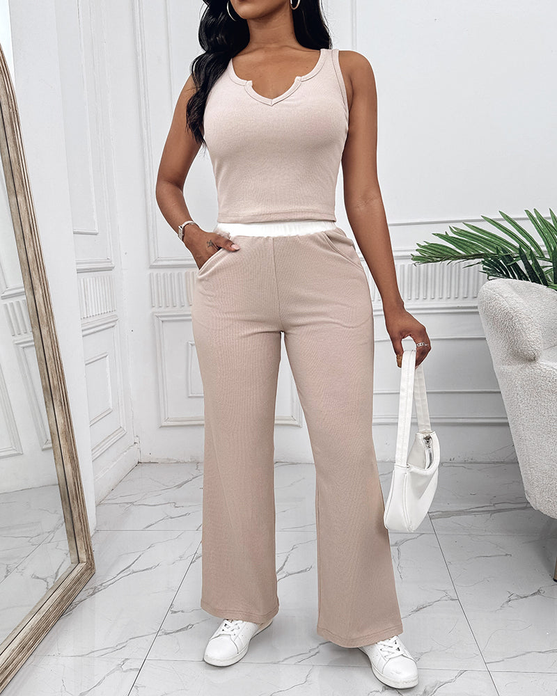 2 Piece Outfits Notch Neck Sleeveless Top Stretchy Waist Straight Leg Pants Lounge Sets Tracksuit - Image 10