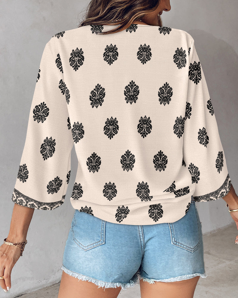 Floral Print V Neck Long Sleeve Blouse Casual Loose Fit Top - Image 17