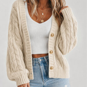 Women's Cable Knit Cardigan V Neck Button Down Chunky Knit Sweater Loose Lantern Sleeve Warm Outerwear