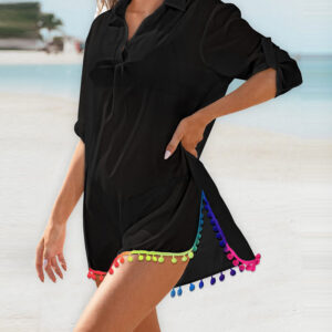 Turn-down Collar Roll Up Sleeve Tassel Hem Pompom Side Slit Straight Dress Casaul Dress