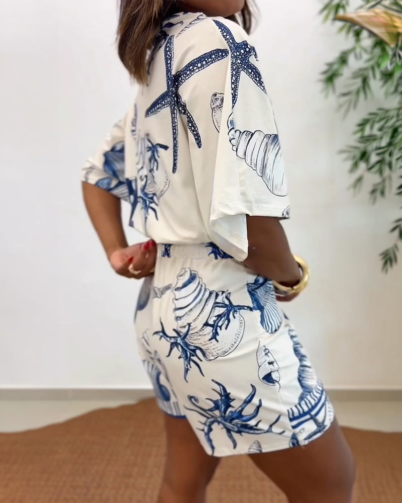Starfish & Seashell Print Overlap V Neck Half Sleeve Wrap Knot Side Romper Casual Stretchy Back Waist Vacation Romper - Image 2