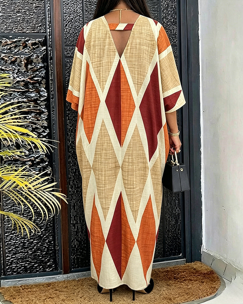 Women's Oversized Argyle Kaftan Maxi Dress V Neck Batwing Sleeve Hollow-out Beach Robe Long Dress with Pockets - Image 4