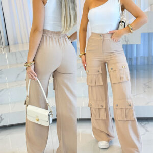 High Waist Zipper Fly Multiple Flap Pockets Design Utility Pants Casual Elastic Back Waist Wide Leg Cargo Pants