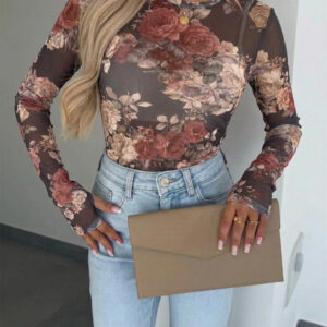 Women's Vintage Floral Print Sheer Mesh Top Long Sleeve Slim Fit Crewneck Layering Top with Thumb Hole Cuffs