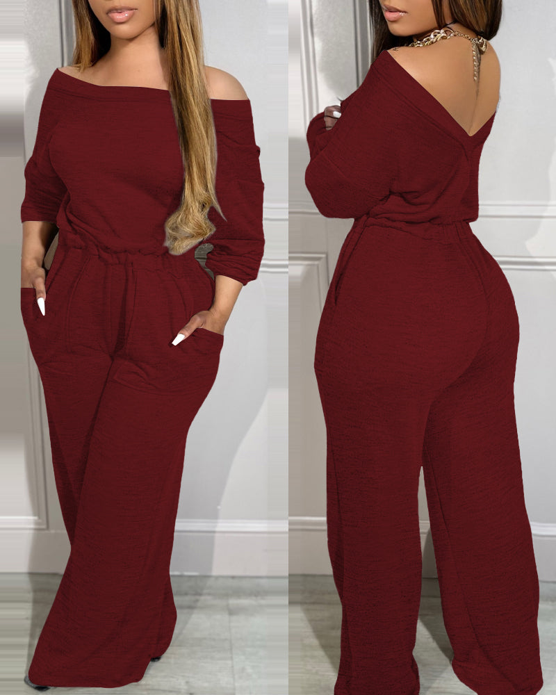 Off Shoulder V Back Elastic Waist Pockets Design Jumpsuit Casual Drop Shoulder Cinched Waist Wide Leg Jumpsuit - Image 15