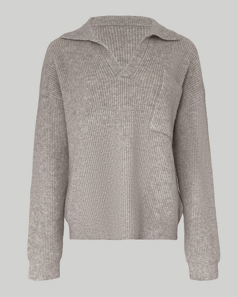 Women's Rib-Knit Polo Sweater V-Neck Collared Long Sleeve Pullover Loose Fit Drop Shoulder Top - Image 6