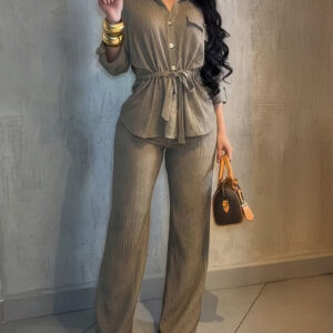 2 Pieces Outfit Vintage Turn-down Collar Roll Up Sleeve Button Front Flap Pocket Design Waist Drawstring Top and Elastic Waist Wide Leg Pants Set Casual Textured Commuting Set