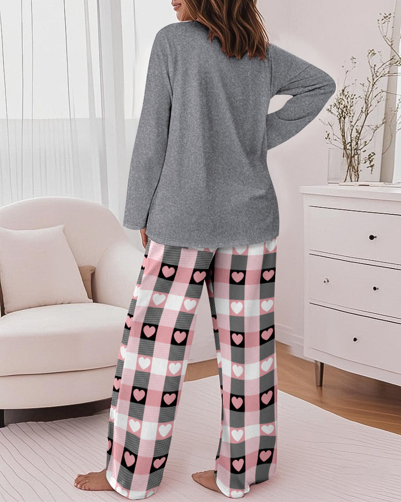 2 Pieces Outfit Good Night Slogan Print Long Sleeve Top and Plaid Print Elastic Waist Pants Set Casual Heart Print Pajamas Set - Image 2