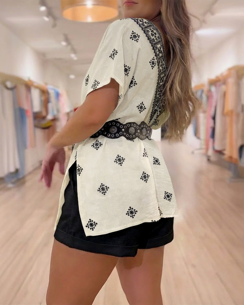 Vintage Baroque Print Off Shoulder Split Sleeve Convertible Shoulder Casual Top with Bandeau - Image 2