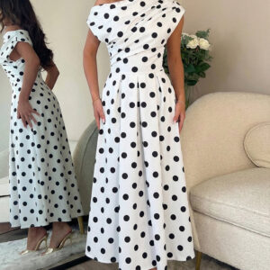 Women's Skew Neck Polka Dot Maxi Dress Ruched A-Line Swing Dress Elegant Party Cocktail Dress with Pockets