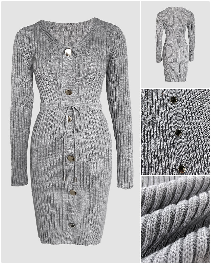 Button Decor V-Neck Long Sleeve Knit Bodycon Dress Drawstring Waist Ribbed Mini Dress - Image 4