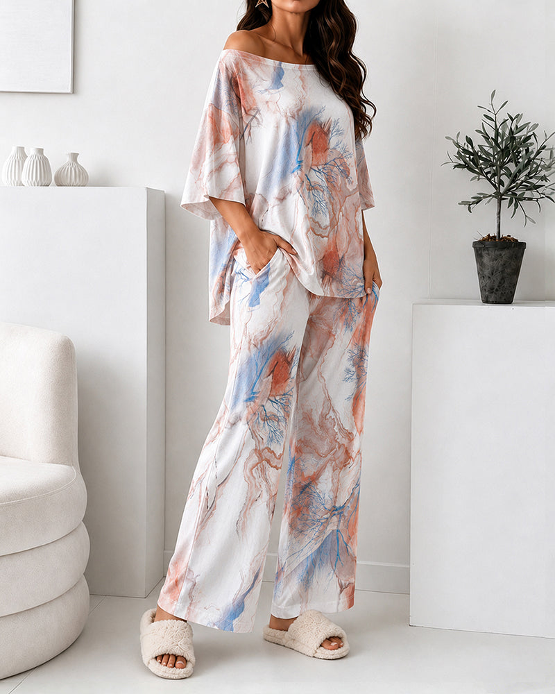 Women's 2 Piece Marble Print Pajama Set Half Sleeve Side Slit Top and Straight Leg Pants Casual Loungewear - Image 3