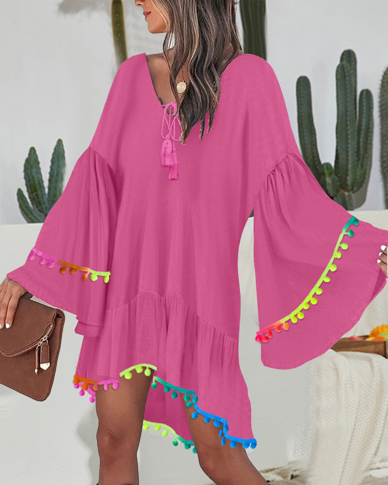 Colorblock V-Neck Bell Sleeve A Line Tassel Mini Dress Vacation Dress - Image 15