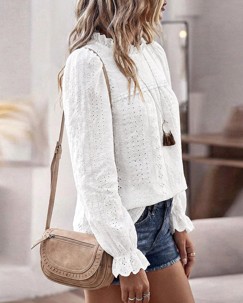Women's French Style Eyelet Embroidery Blouse Elegant Frill Hem Stand Collar Puff Sleeve Top Lace Patchwork Shirt - Image 3