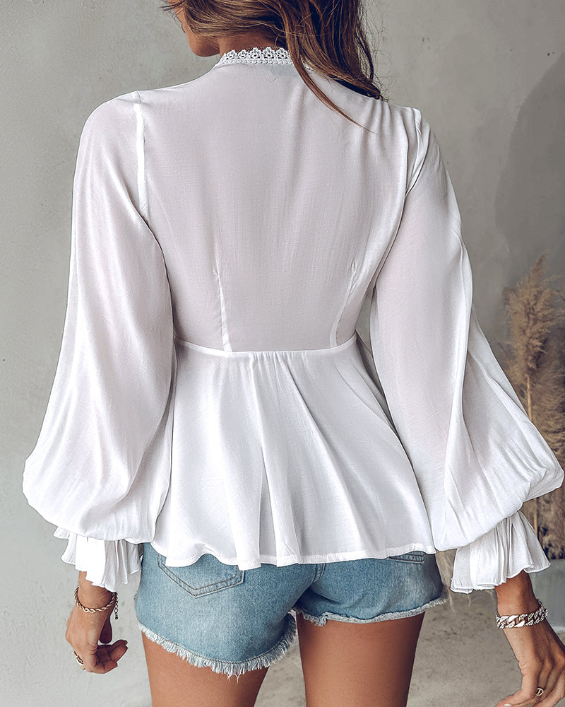 Butterfly Pattern Decor Deep V Neck Long Sleeve Blouse Casual Tie Front Flared Cuffs Lace Trim A-Line Hem Top - Image 2