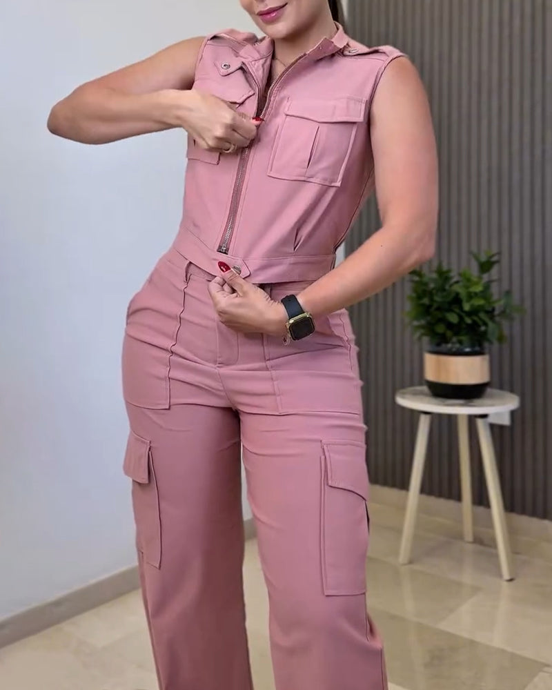 Stylish Plain Two-piece Set 3D Cargo Pockets Sleeveless Tank Top and Casual High Waist Wide Leg Pants Set - Image 4