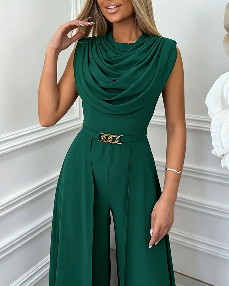 Women's Cowl Neck Wide Leg Jumpsuit High Waist Sleeveless Chiffon Overlay Spliced Evening Overalls with Belt - Image 16
