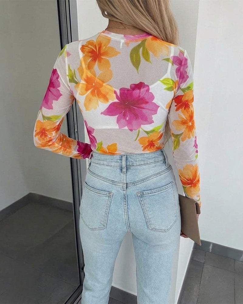 Women's Floral Print Sheer Mesh Top Long Sleeve Slim Fit Crewneck Layering Top with Thumb Hole Cuffs - Image 2
