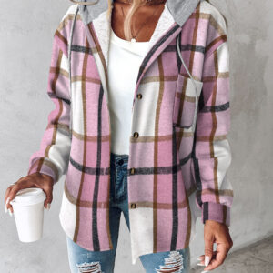 Plaid Print Long Sleeve Button Front Drawstring Hoodie Coat Casual Pocket Design Thermal Lined Shirt Coat