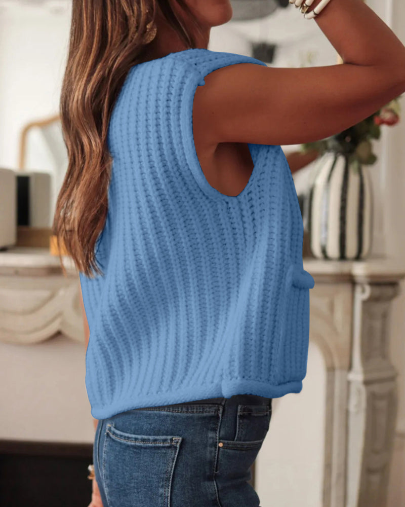 V-Neck Sleeveless Button Front Knit Vest Casual Loose Fit Sweater Top with Pockets - Image 19