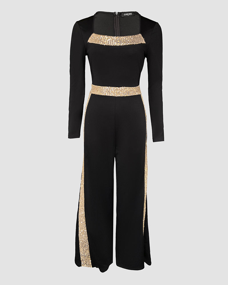 Sequin Bowknot Decor Contrast Sequin Paneled Square Neck Long Sleeve Jumpsuit Casual Cinched Waist Wide Leg Jumpsuit - Image 6
