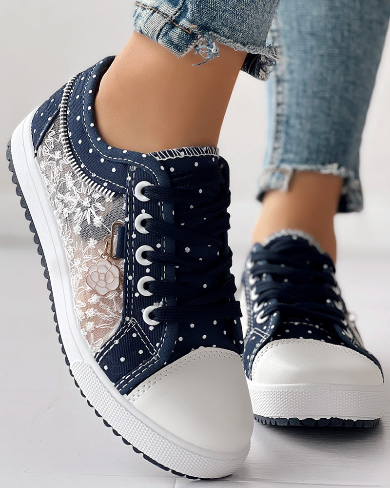 Floral Pattern Embroidery Dot Print Sneakers - Image 4