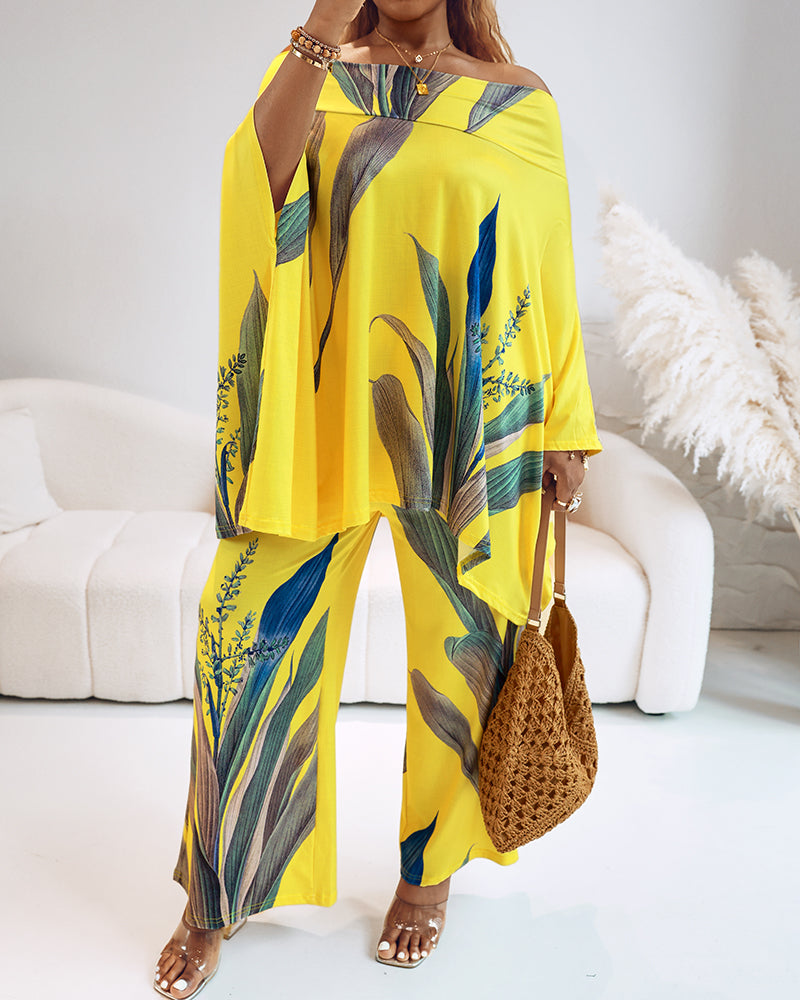 2 Pieces Outfit Plants Print Cold Shoulder Batwing Sleeve Top and Casual Wide Leg Pants Set - Image 11
