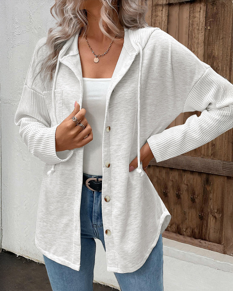 Long Sleeve Knit Ribbed Spliced Button Front Drawstring Hoodie Jacket Casual Drop Shoulder Pocket Design Asymmetrical Hem Coat - Image 9