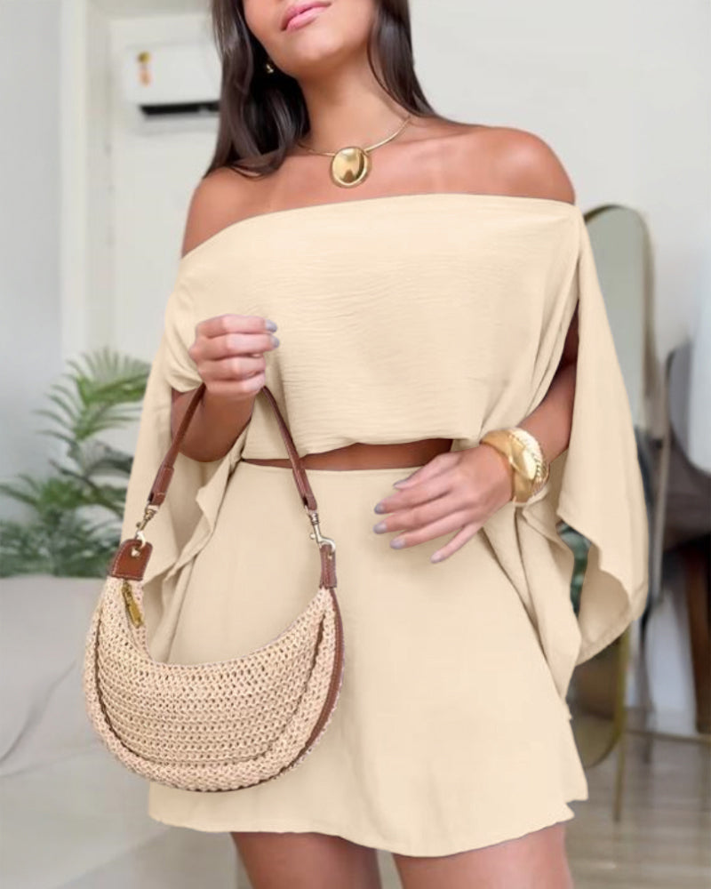 3 Pieces Outfit Solid Off Shoulder Split Sleeve Convertible Crop Top and Casual Elastic Waist Skorts Set With Bandeau(Without Belt) - Image 19