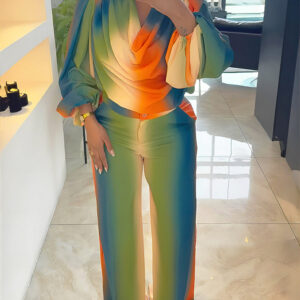 2 Pieces Outfit Cowl Neck Puff Sleeve Loose Fit Top and Zipper Fly Elastic Back Waist Wide Leg Pants Set Casual Tie Dye Print Set