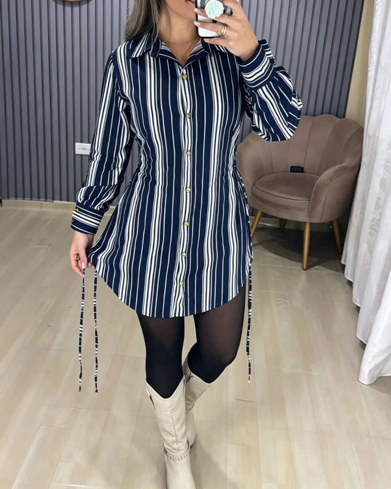 Women's Striped Shirt Dress Button Down Long Sleeve Shirred Waist Casual Dress - Image 16