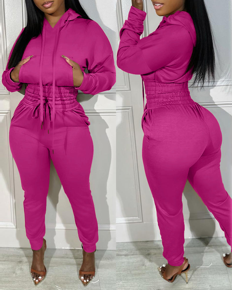 2 Pieces Outfit Drop Shoulder Kangaroo Pocket Stretchy Hem Crop Drawstring Hoodie Sweatshirt And Drawstring Elastic Waist Jogger Sweatpants Casual Tracksuit - Image 6