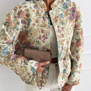 Women's Vintage Floral Jacquard Jacket Elegant Stand Collar Snap Button Loose Fit Coat