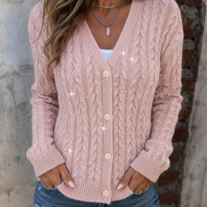Women's Sequin Cable Knit Cardigan V Neck Button Down Slim Fit Long Sleeve Sweater