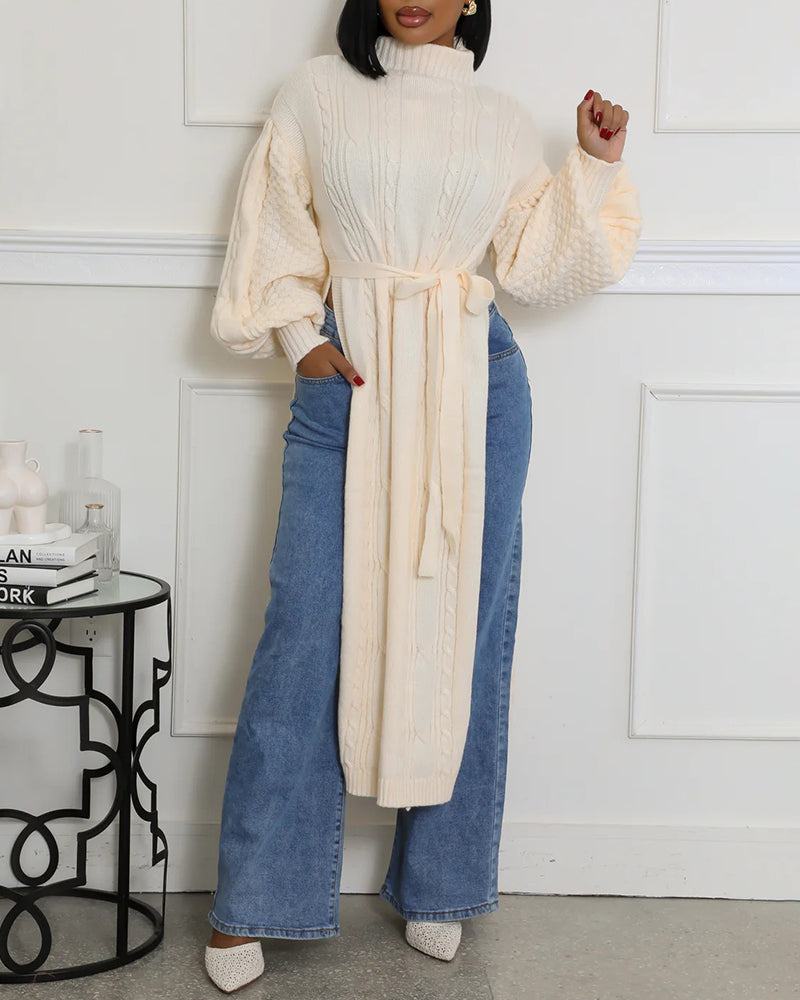 Cable Textured High Neck Lantern Sleeve Bow Tie Waist Sweater Casual High Slit Knit Longline Top - Image 18