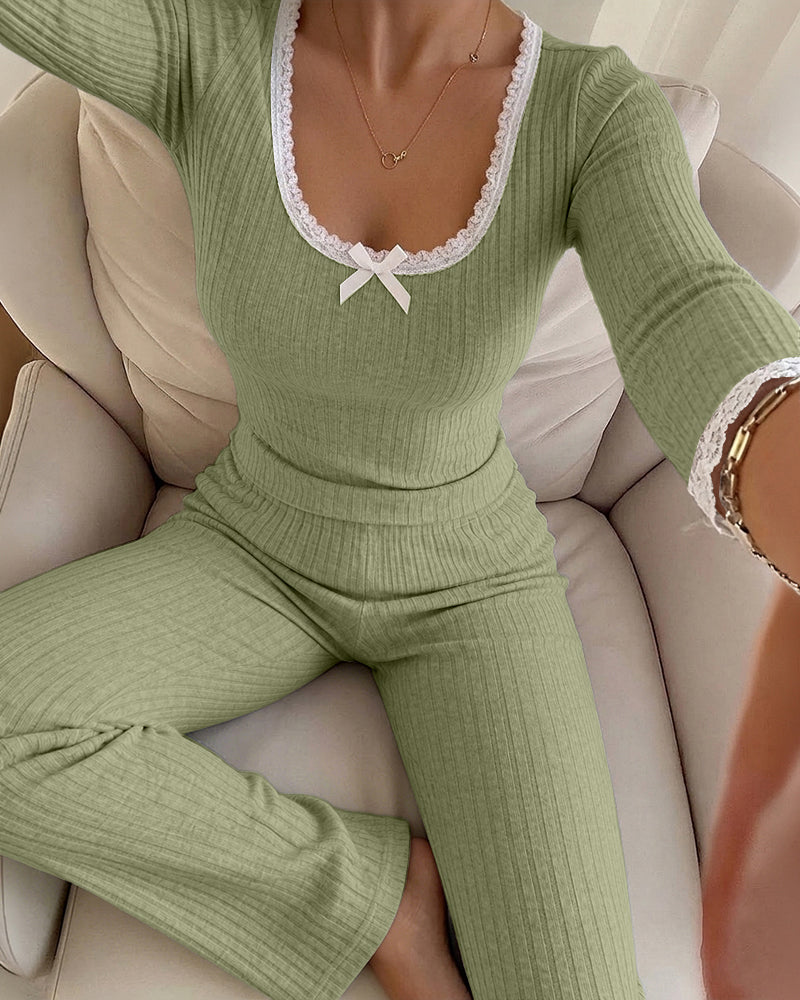 Women's 2 Piece Ribbed Lounge Sets Lace Trim Long Sleeve Top and High Waisted Pants Pajamas Sets with Pockets - Image 8
