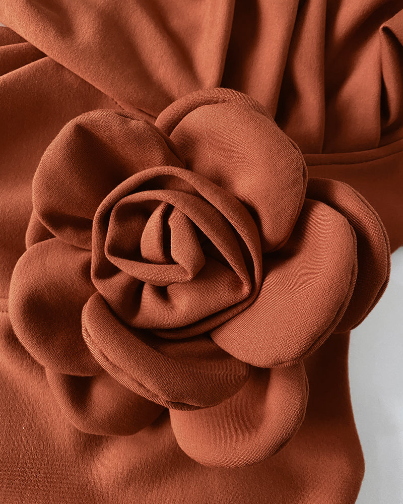 3D Flower Decor Round Neck Puff Sleeve Bodycon Dress Casual Ruched Slit Zipper Back Work Dress - Image 29