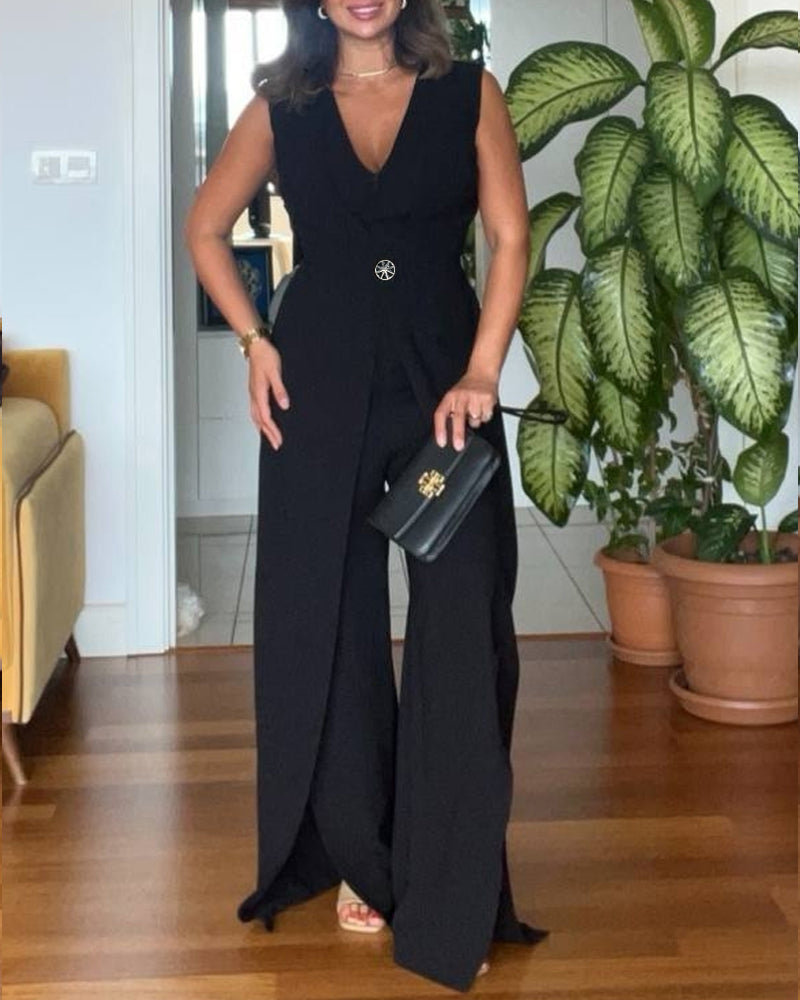 Plunge Sleeveless Button False Two Pieces Wide Leg Jumpsuit - Image 4