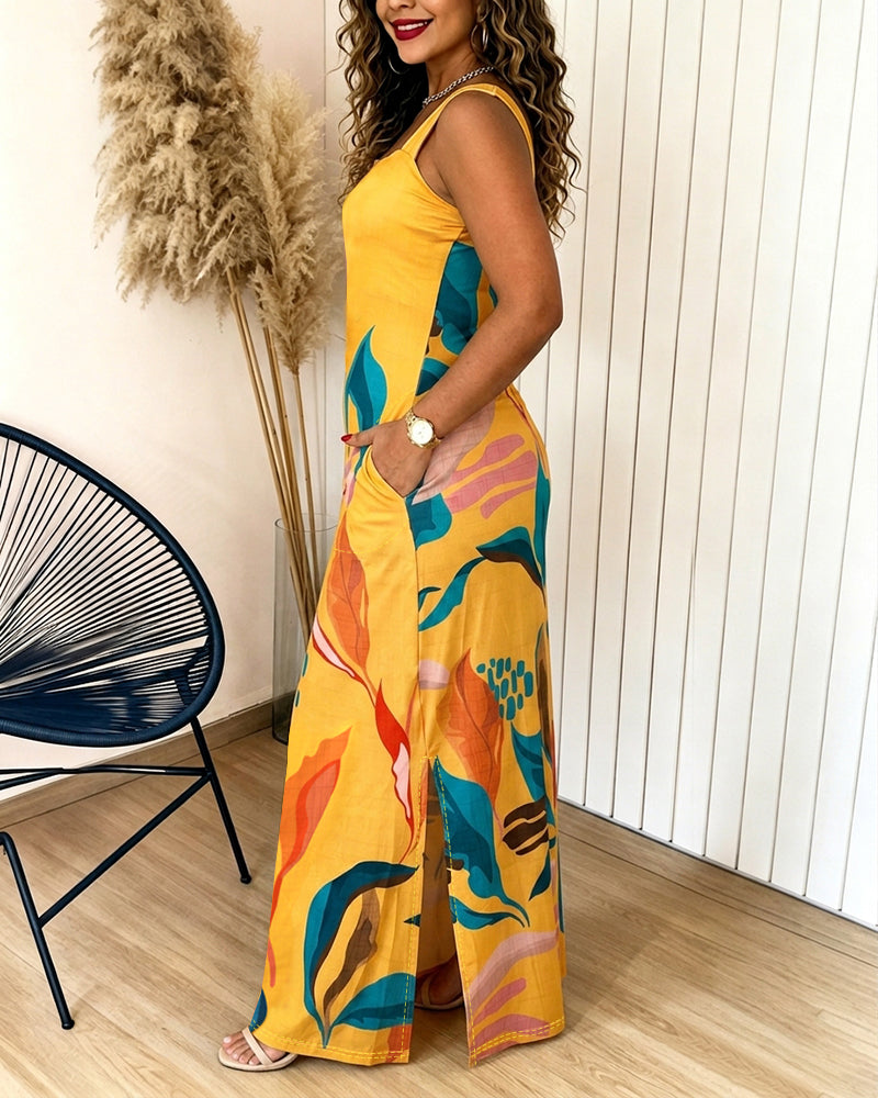Plants Placement Print Square Neck Thick Strap Side Slit Maxi Dress Casual Vacation Dress with Pockets - Image 2
