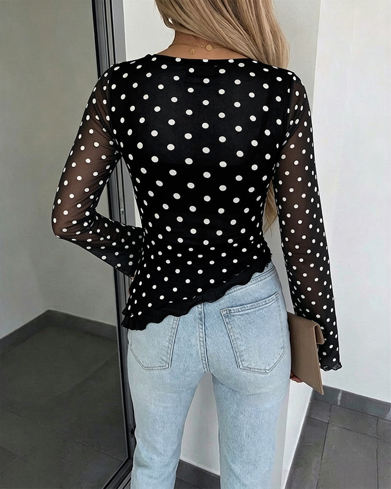 Women's Polka Dot Mesh Top Flare Long Sleeve Boat Neck Lined Asymmetric Frill Hem Blouse Vintage Party Shirt - Image 24