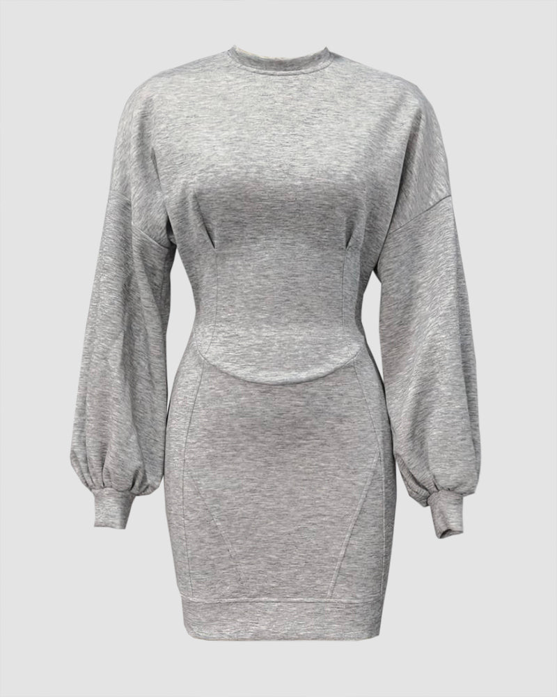 Lantern Sleeve Bodycon Pullover Sweatshirt Dress Crew Neck Mini Dress - Image 7