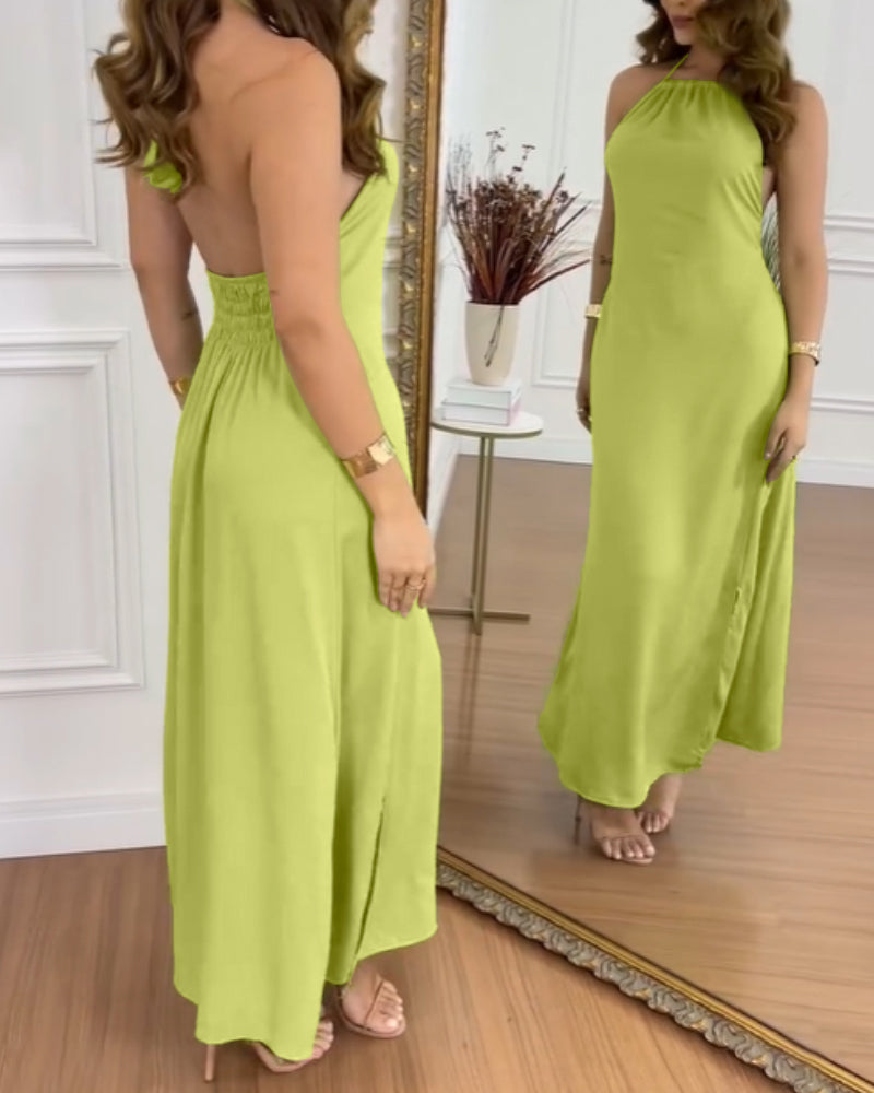 Halter Sleeveless Backless Maxi Dress Casual Shirred Back Side Slit Vacation Dress - Image 22