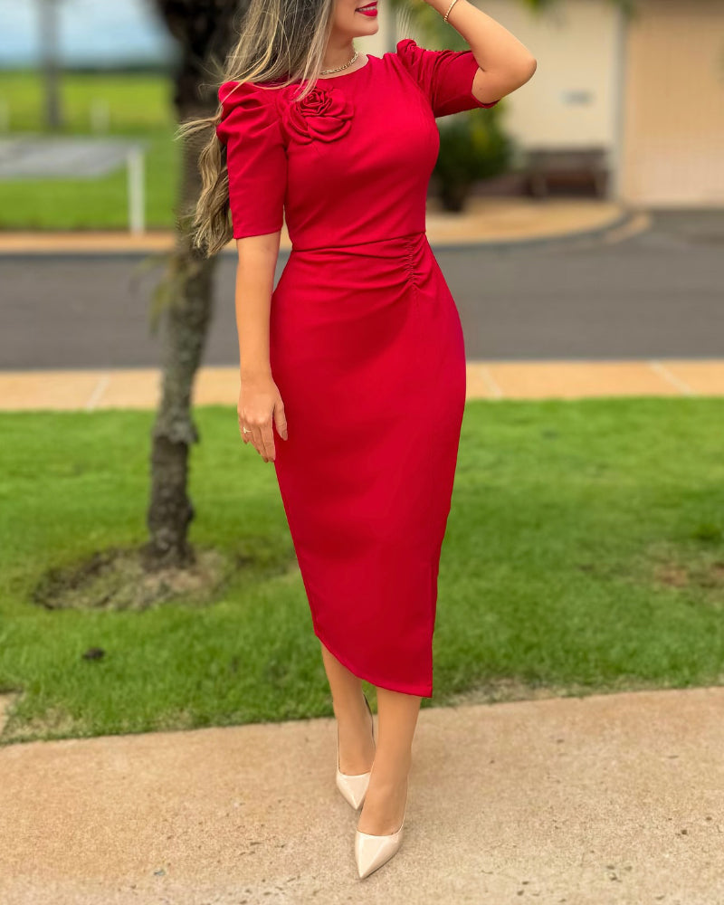 3D Flower Decor Round Neck Puff Sleeve Bodycon Dress Casual Ruched Slit Zipper Back Work Dress - Image 11