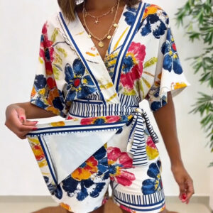 Women's Oil Painting Floral Print Romper V Neck Wrap Knot Side Jumpsuit Half Sleeve Beach Vacation Summer Skorts Romper